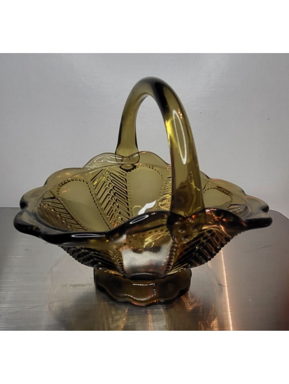 Imperial Amber Glass Basket with Handle Candy Trinket Dish Art Glass Small